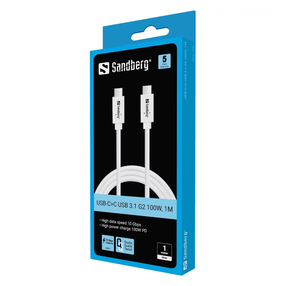 Kabelis Sandberg G2 136-53, USB-C male, 100 cm, balta krās., 100 W