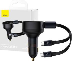 Auto telefona lādētājs Baseus Enjoyment Retractable 2-in-1 C00035500111-00, 2 x USB Type C, melna krās., 33 W