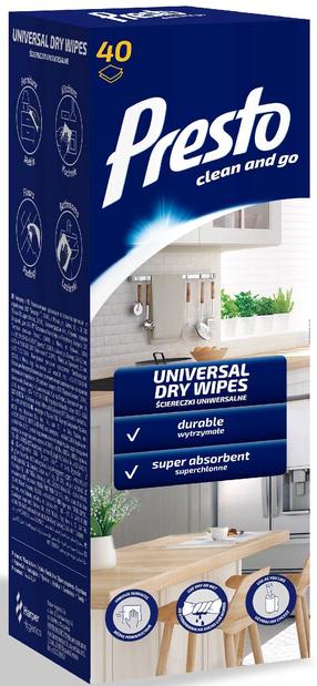 Salvetes, universāli Presto Universal Dry Wipes, balta krās., 40 gab.