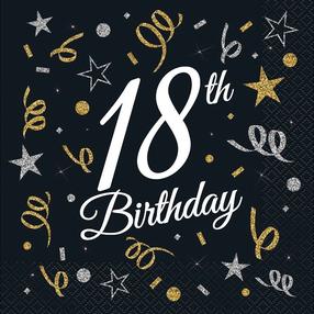 Popierinės servetėlės Happy Birthday, 33 cm x 33 cm, aukso sp./sidabro sp./juoda sp., 20 vnt.