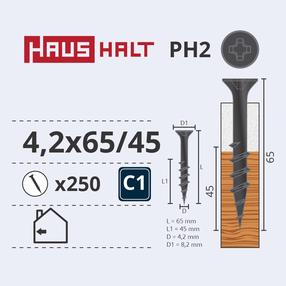 Puidukruvi, keeratavad puu sisse Haushalt PH2, 4.2 x 65 mm, hall v., 250 tk