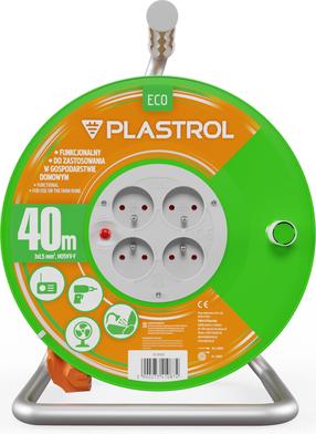Pagarinātājs ar spoli Plastrol Standard Line H05VV-F, 3 x 1,5 mm², 40 m, IP44, 4 ligzdas, zaļa krās./oranža krās.