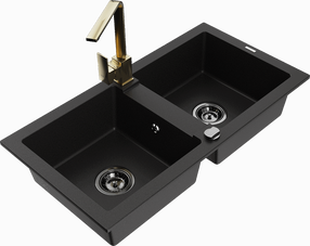 Кухонный умывальник с кухонным смесителем Mexen Mario Black+Gold, гранит, 82 см x 43 см x 16.1 см, золотой цв./черный цв.