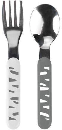 Stalo įrankiai BabyOno Be Active Spoon & Fork, 1 m., plastikas/nerūdijantysis plienas, balta sp./nerūdijančiojo plieno sp./pilka sp.