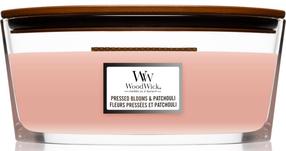 Svece, aromātiskā WoodWick Ellipse Pressed Blooms & Patchouli, 40 h, 453.6 g, rozā krās.
