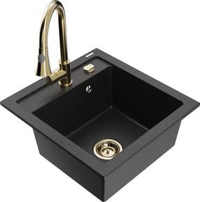 Plautuvė su virtuviniu maišytuvu Mexen Vito, derva/granitas, 49 cm x 52 cm x 21 cm, metallic black/silver+gold sp.