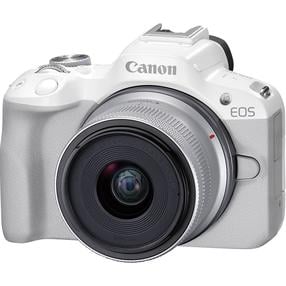 Bezspoguļa kamera Canon EOS R50/RF-S 18-45mm, balta krās.