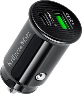 Auto telefona lādētājs Kruger&Matz KM0870, USB Type C/USB Type A, melna krās., 20 W