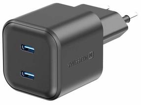 Ceļojumu lādētājs Swissten Travel GaN, 2 x USB Type C, 3.6 cm, melna krās., 20 W