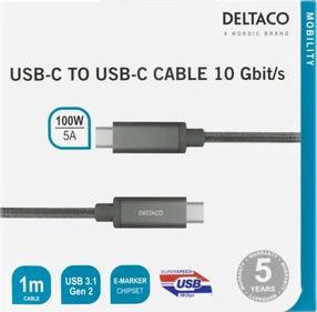 Провод Deltaco USBC-1412M, USB Type C, 100 см, серый цв., 100 Вт