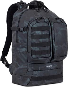 Portatīvā datora mugursoma Rivacase Sherwood Camo, melns krās./zilimelns krās./tumši pelēka krās., 17.3"