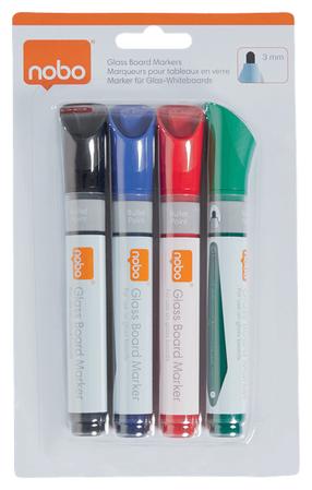 Valge tahvli marker Nobo Glass Whiteboard, 3 mm, sinine v./must v./punane v., 4 tk
