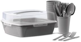 Tūristu ēdienu trauku komplekts Domotti, plastmasa, 27 cm, pelēka krās., 31 gab.