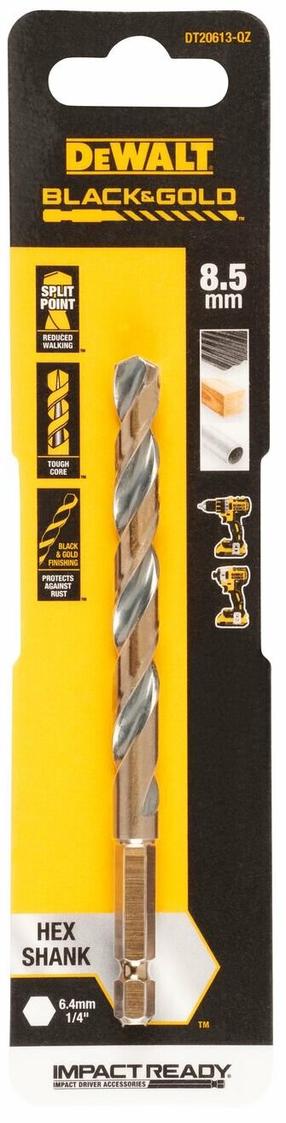 Сверло по металлу Dewalt, дерево/металл/cталь, hss, hex 1/4, 8.5 мм x 12 см