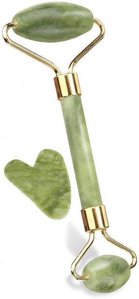 Masažuoklis Amalfis Green Jade Roller & Gua Sha, 2 vnt., aukso sp.