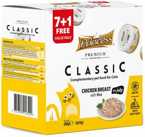 Mitrā kaķu barība Princess Classic, vistas gaļa/rīsi, 0.07 kg, 8 gab.