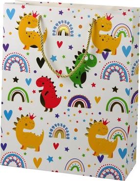 Dovanų maišelis Lean Toys Dinosaurs, 10 cm x 32 cm x 26 cm, balta sp./įvairių spalvų