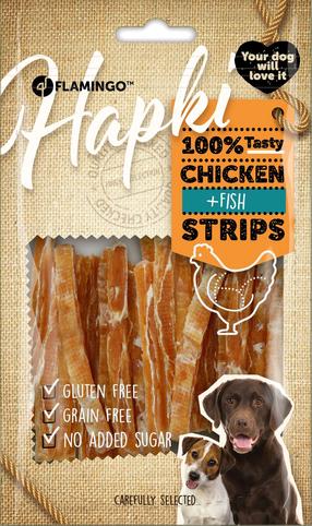 Skanėstas šunims Flamingo Hapki Strips, vištiena/menkė, 0.085 kg