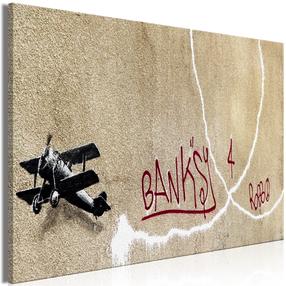 Reprodukcija Artgeist Banksy'S Plane - Red Graffiti Text On Mural Background, i-c-0144-b-a, 120 cm x 80 cm