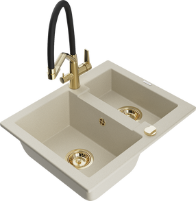Plautuvė su virtuviniu maišytuvu Mexen Carlos Beige+Black/Gold, granitas, 58 cm x 47 cm x 17.7 cm, beige+black/gold sp.