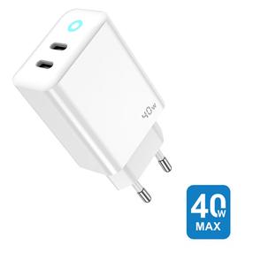 Kelioninis įkroviklis Jellico EU19 GaN 40W PD, 2 x USB Type C, balta sp., 40 W