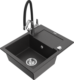 Plautuvė su virtuviniu maišytuvu Mexen Enzo Black granite+Black/Chrome, granitas, 57 cm x 46 cm x 17.4 cm, black granite+black/chrome sp.