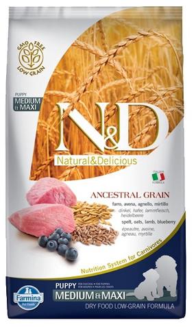 Sausā suņu barība Farmina N&D Ancestral Grain Lamb Spelt Oats And Blueberry Medium & Maxi, jēra gaļa, 12 kg