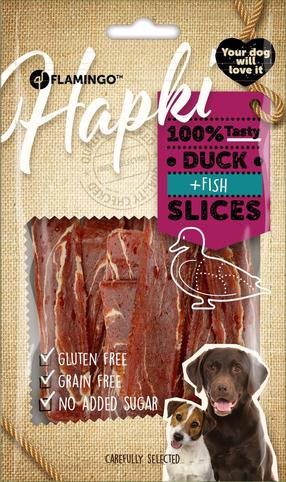 Skanėstas šunims Flamingo Hapki Slices, antiena/menkė, 0.085 kg