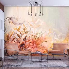 Fototapete Artgeist Flaming Meadow - Nature Landscape With Meadow Of Flowers And Leaves In Watercolour Style, 315 cm x 450 cm