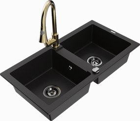 Кухонный умывальник с кухонным смесителем Mexen Mario Black+Gold, гранит, 82 см x 43 см x 16.1 см, золотой цв./черный цв.
