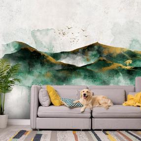 Fototapetas Artgeist Abstract Landscape - Green Mountains With Golden Patterns And Birds, 315 cm x 450 cm