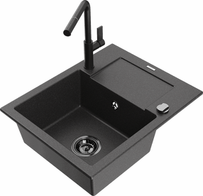 Plautuvė su virtuviniu maišytuvu Mexen Enzo Black granite+Black, granitas, 57 cm x 46 cm x 17.4 cm, black granite+black sp.