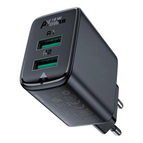 Telefono įkroviklis AceFast A33 QC18W 2xUSB-A, USB-A, juoda sp., 18 W