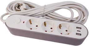 Удлинитель Besk 9130841, 3G1.0, 3 м, IP20, 3 розетки, 3USB, с выключателем, белый цв./серый цв.