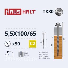 Isekeermestavad kruvid Haushalt DIN 7504N, 5.5 mm x 100 mm/65 mm, 50 tk