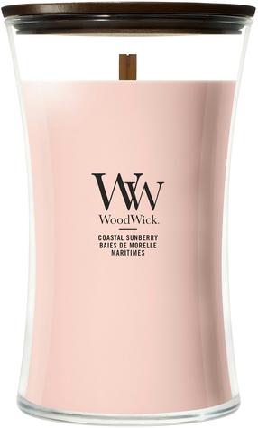 Svece, aromātiskā WoodWick Coastal Sunberry, 90 - 140 h, 609 g, rozā krās.