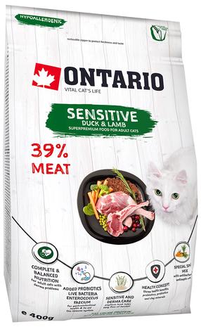 Sausas kačių maistas Ontario Sensitive Derma, antiena, 0.4 kg