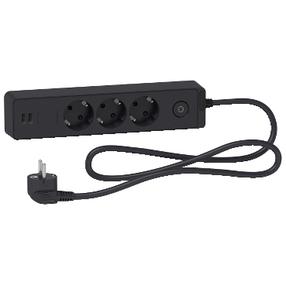 Pikendusjuhe Schneider Electric, 3 x 1 mm², 1.5 m, 3 pesa, 2USB, lülitiga, must v.