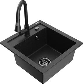 Plautuvė su virtuviniu maišytuvu Mexen Vito, granitas, 49 cm x 52 cm x 21 cm, metallic black/silver+black sp.