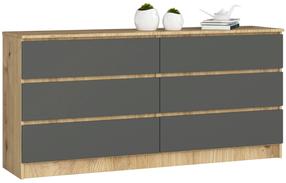 Komoda Akord K160 6SZ CLP, pilka sp./artisan oak sp., 77 cm x 160 cm x 40 cm