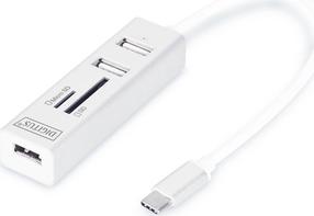 Adapteris Digitus USB-C - 3 x USB/SD/MicroSD DA-70243 USB-C male, 3 x USB/SD/MicroSD female, balta krās.