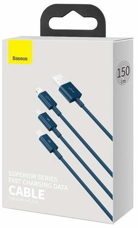Vads Baseus CAMLTYS-03, Micro USB type B/USB Type C/Lightning/USB Type A, 150 cm, zila krās.