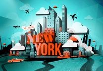 Fototapetas Artgeist Street Art - Red New York Text With Skyscraper And Car Motif XXLNEW010498, 210 cm x 210 cm