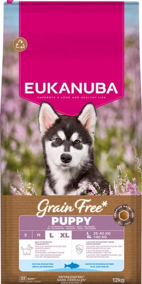 Sausas šunų maistas Eukanuba Grain Free Puppy Large, žuvis, 12 kg