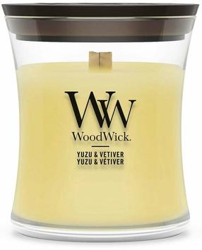 Svece, aromātiskā WoodWick Yuzu & Vetiver, 15 - 30 h, 85 g, dzeltena krās.