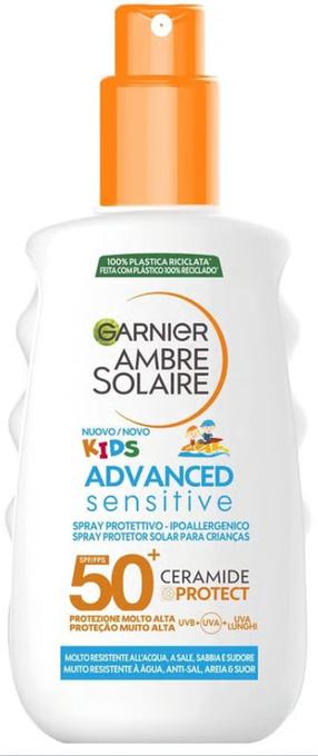 Purškiklis įdegio priežiūrai kūnui Garnier Ambre Solaire Kids Sensitive Advanced SPF50+, 150 ml