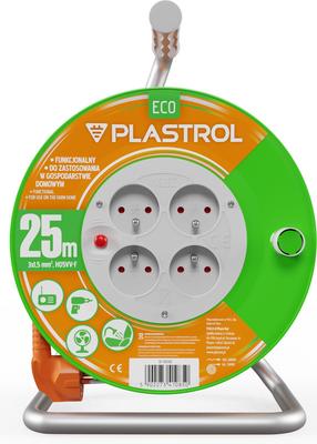Pagarinātājs ar spoli Plastrol Standard Line H05VV-F, 3 x 1,5 mm², 25 m, IP44, 4 ligzdas, zaļa krās./oranža krās.