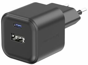 Ceļojumu lādētājs Swissten Travel, USB Type C/USB Type A, 3.6 cm, melna krās., 20 W