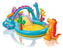 Pripučiama žaidimų aikštelė Intex Dinoland 57135NP, 333 cm x 229 cm, mėlyna sp./geltona sp./įvairių spalvų