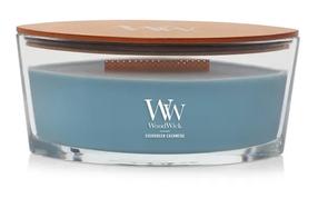 Svece, aromātiskā WoodWick Ellipse Evergreen Cashmere, 30 - 40 h, 453.6 g, gaiši zila krās.